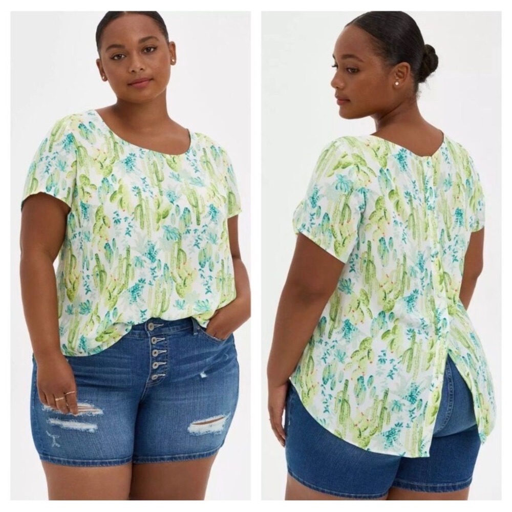 Torrid Cactus Print Flutter Sleeve Blouse Womens 5X Green Split Back Summer Chic